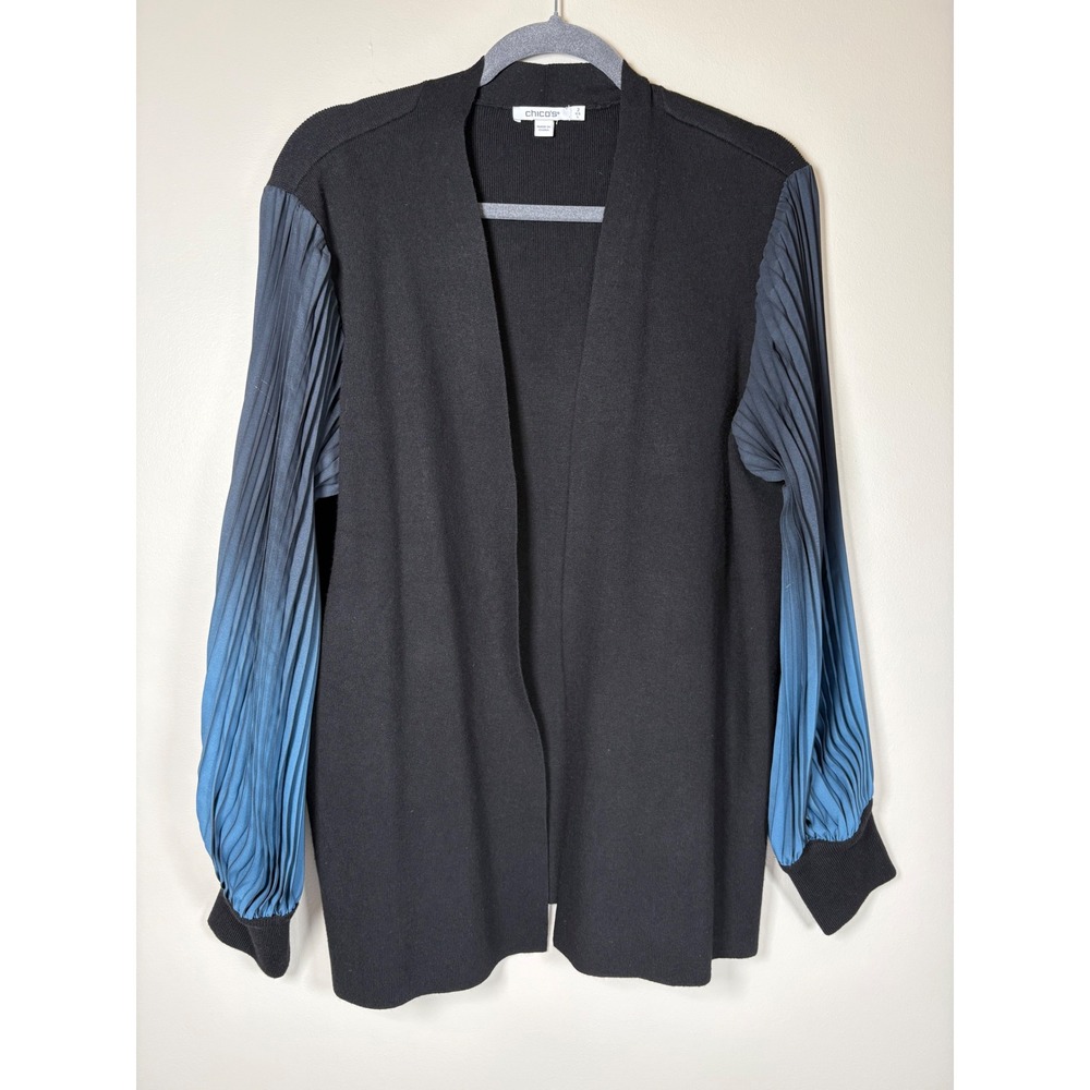 Chicos Black Open Front Cardigan Blue Ombre Pleated Sleeve Knit Sweater Size 2 L